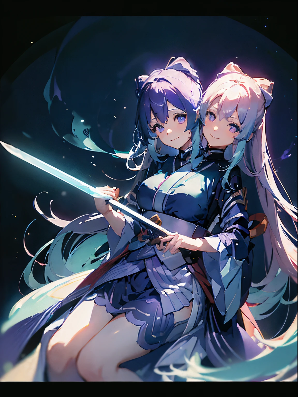 (masterpiece, best quality), best resolution, (2heads:1.5), 1girl, kokomi character, teal hair, purple eyes, extremely long hair, cute, calm, smiling, japanese armor, sword, ((holding sword)), blue flames, glowing weapon, light particles, wallpaper, chromatic aberration