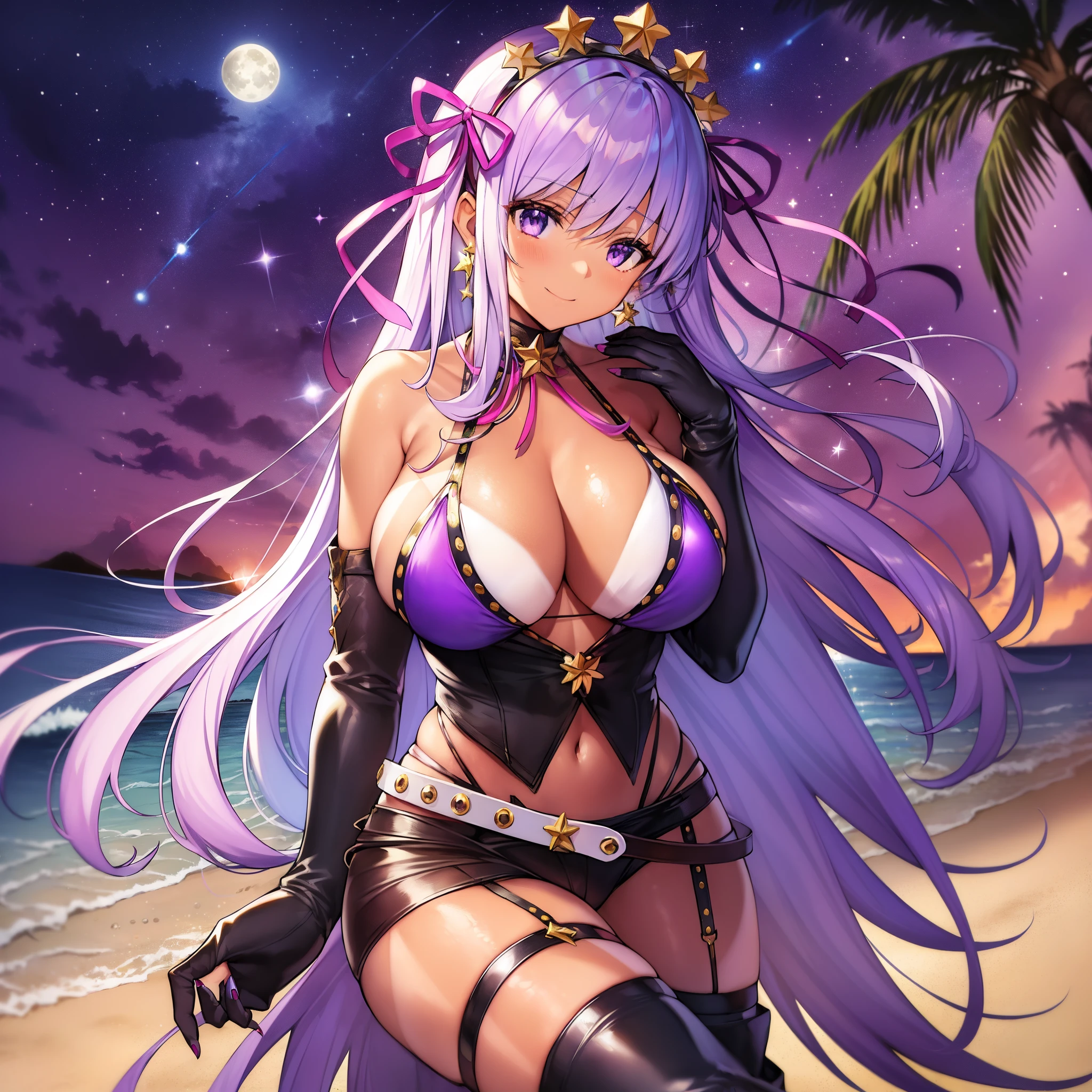 (masterpiece, best quality:1.4), summer bb, fgo, star tiara, tanlines, gyaru, dark-skinned female, solo, smile, purple eyes, long hair, purple hair, purple, nails, pink hair bow, purple bikini, black gloves, black thighhighs, earrings, belt, huge breasts, palm tree, (starry sky, night, beach, moon:1.1)