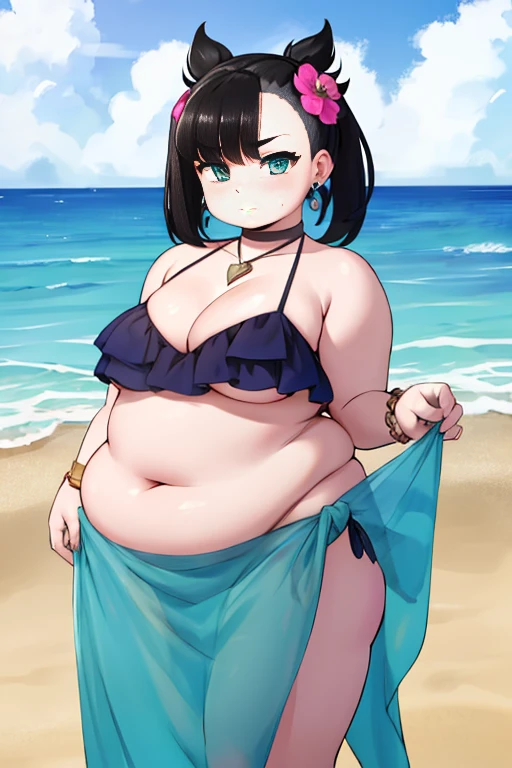 "hmmarnie, obese , (masterpiece, Highest Quality) , with aqua eyes and a green ribbon, possesses model-like looks. She appears slightly embarrassed, wearing a hair flower, earrings, jewelry, and a halterneck. She also adorns a bracelet and reveals her navel in a pink frilled bikini, complemented with a sarong. The setting is a sunny beach, where sandcastles are being built.", 4K