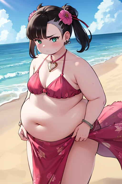 "hmmarnie, obese , (masterpiece, Highest Quality) , with aqua eyes and a green ribbon, possesses model-like looks. She appears slightly embarrassed, wearing a hair flower, earrings, jewelry, and a halterneck. She also adorns a bracelet and reveals her navel in a pink frilled bikini, complemented with a sarong. The setting is a sunny beach, where sandcastles are being built.", 4K