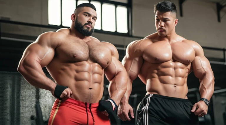 (Very detailed 8k wallpaper), two asian men, muscle worship, arms folded, At the gym, high detailing, buzzcut, very large and strong body, bulging muscles, well-muscled, very large pectoral muscles. Very sexy abs, legs are muscular, Toned figure, lightens oily skin, muscular, Tank top, T-shirt, longshot, Wide Shot