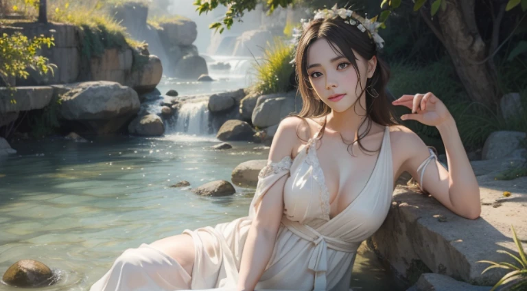 Art depicts a charming woman,whole body display,Dressed in a flowing manner、Silky traditional oriental dress,white colors,Bigchest,Raised sexy,Wet with all over the body,white backgrounid,Decorated with intricate patterns and bright colors。Her dress draped elegantly over her curvy figure,Highlights her seductive silhouette。She stood gracefully in the quiet moonlit night,bathed in the soft glow of the moonlight。The scene exudes an ethereal and dreamy atmosphere,With a touch of mystery and sexiness。The image style incorporates watercolor and digital illustration techniques,It evokes a refined beauty and charm。The lights are filled with soft moonlight,casting soft highlights and shadows on her charming features。