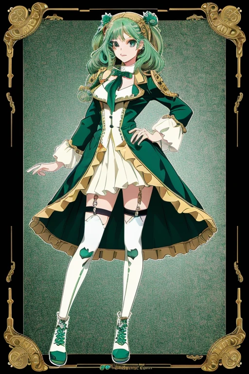 ((Live 2D)) masutepiece, 1girl in, Full body, standing straight, Steampunk clothes, Cryptocurrencies, Detailed face, Girl with green wavy hair, Turquoise Hair Tips, Wavy Hair, Gradient Eyes, Manga style, (Simple background, White background: 1.3)