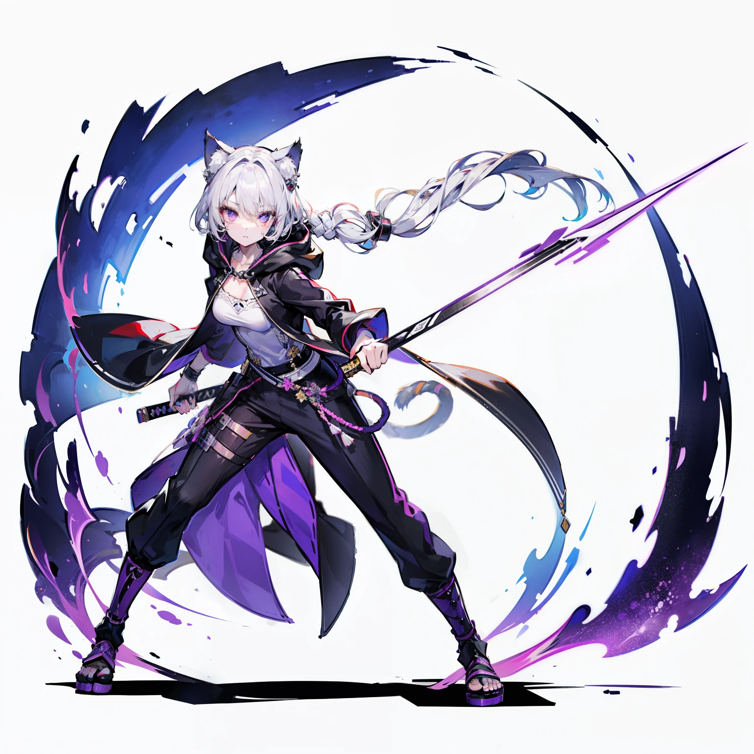 1个Giant Breast Girl,独奏,( picture),(((white color hair))),(flatchest),Delicate face and beautiful eyes,Delicate hair,A particularly long strand of side hair),(Cat Ear Hood),One eye is covered by a hood,围巾,(White background 1::5),standing painting style,((Full body lesbian)),(A detailed eye),Leg straps,Purple and black cyberpunk jacket,long trousers,Samurai sword,Lightning background