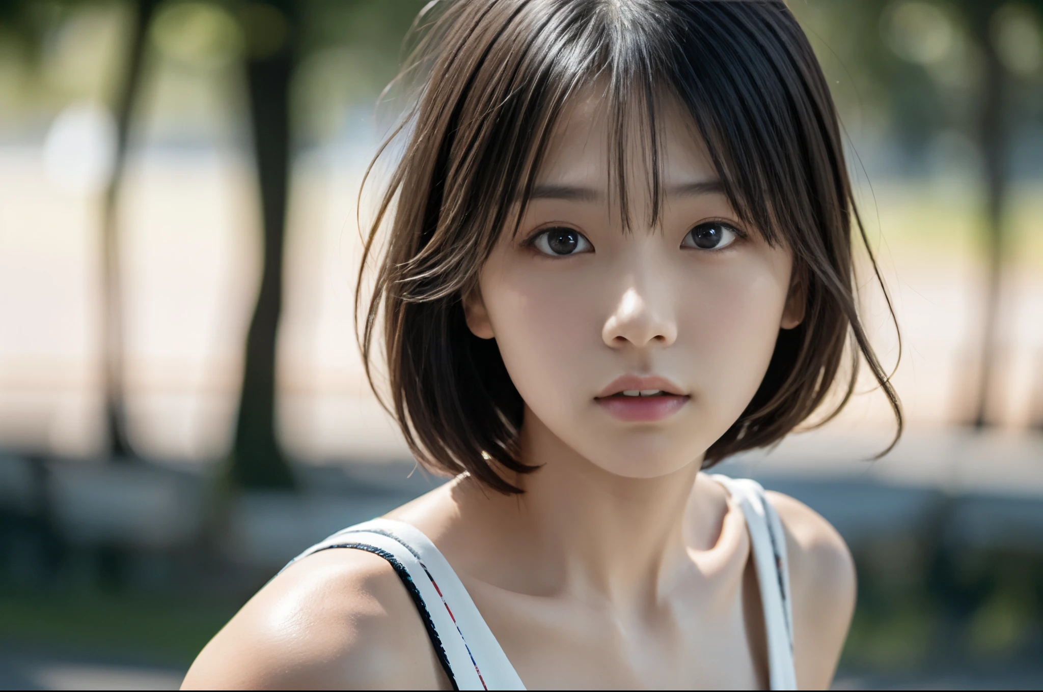 Best Quality, masutepiece, 超A high resolution, (Photorealistic:1.5), Raw photo, 1girl in, off shoulders, In the Dark, deepshadow, lowkey, cold light, Sexy look, Short hair, front tooth, Troubled face,