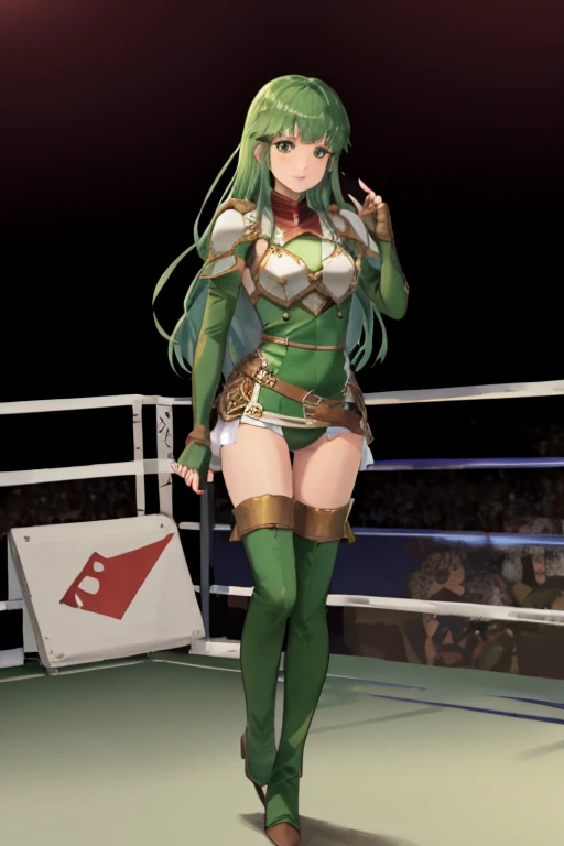 palla_echoes, 1girl, solo, long hair, looking at viewer, thighhighs, gloves, dress, full body, boots, elbow gloves, belt, fingerless gloves, armor, zettai ryouiki, gradient background, headband, thigh boots, shoulder armor, breastplate, green footwear, green thighhighs, ((Tight leotard)), ((sexy pose)), ((Wrestling ring))