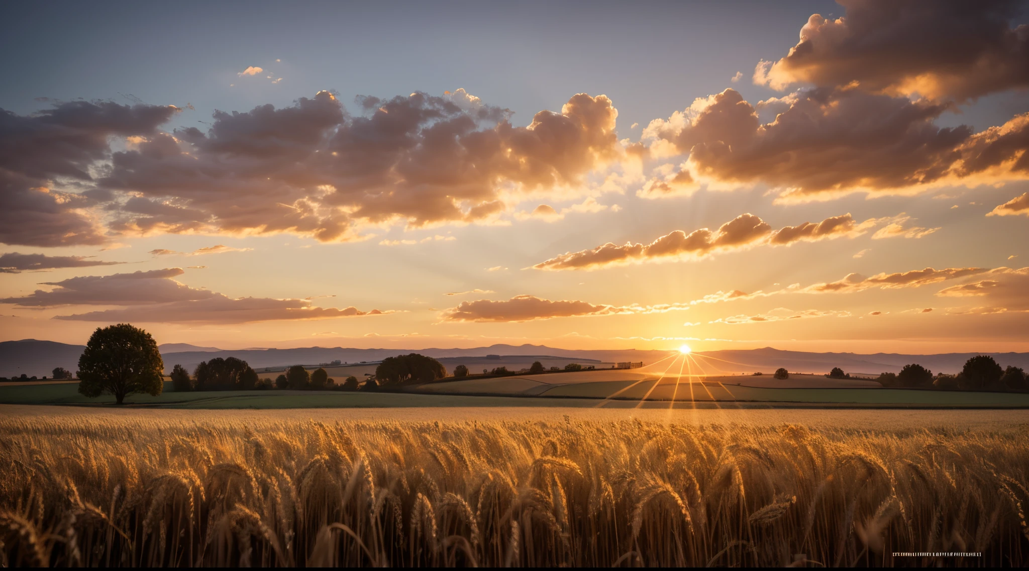 eye level shot, a country lane through a wheat field. Trees to the right of the photo. sunset light. UHD, retina, masterpiece, accurate, anatomically correct, textured skin, super detail, high details, high quality, award winning, best quality, highres, 16k, 8k,