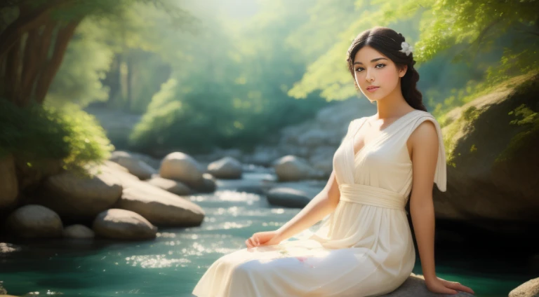 (top-quality、hight resolution、masterpiece)、((Watercolor in Sargent style))、(David Hamilton Style)、(softfocus)、ancient greek scene 、The world of Bilitis songs、(greek female bard)、22year old、美丽的面容、Well-formed eyes and nose、Bewitching smile、Detailed depiction of the face、Classic hairstyles、Beautiful figure、detail portrayal、(ancient greek clothes)、(White tunic)、greek toga、(1人の女性)、(A woman is sitting on a rock in the river)、(Accurate hand and finger depiction)、Cinematic scenes、ciinematic light、softlight、raytrace、luminous sky、greek architecture columns、greek pine、(nostalgia)、classic vibes、Blur the background、