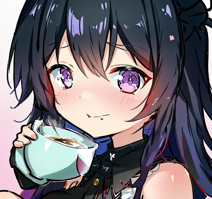 Anime girl sitting on a sofa with a cup of coffee, visual anime de uma menina bonito, anime girl drinks energy drink, em um anime, anime moe artstyle, como um personagem de anime, menina de cabelo preto vestindo capuz, ela tem um rosto expressivo bonito, the anime girl is crouching, 1 7 - year - old anime goth girl, com capuz