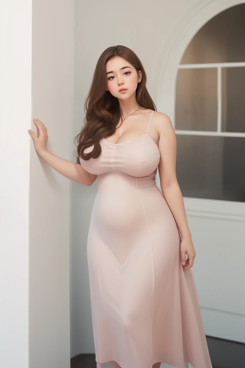 (best quality), big head, (1girl with ????????????????:1.3) Fat Girl with Brown Hair , White Pale Skintone , Elegant , Pink Dress , Pretty, Rococo Dress , Gigantic ?????? , Fat Body , UHD , 8K