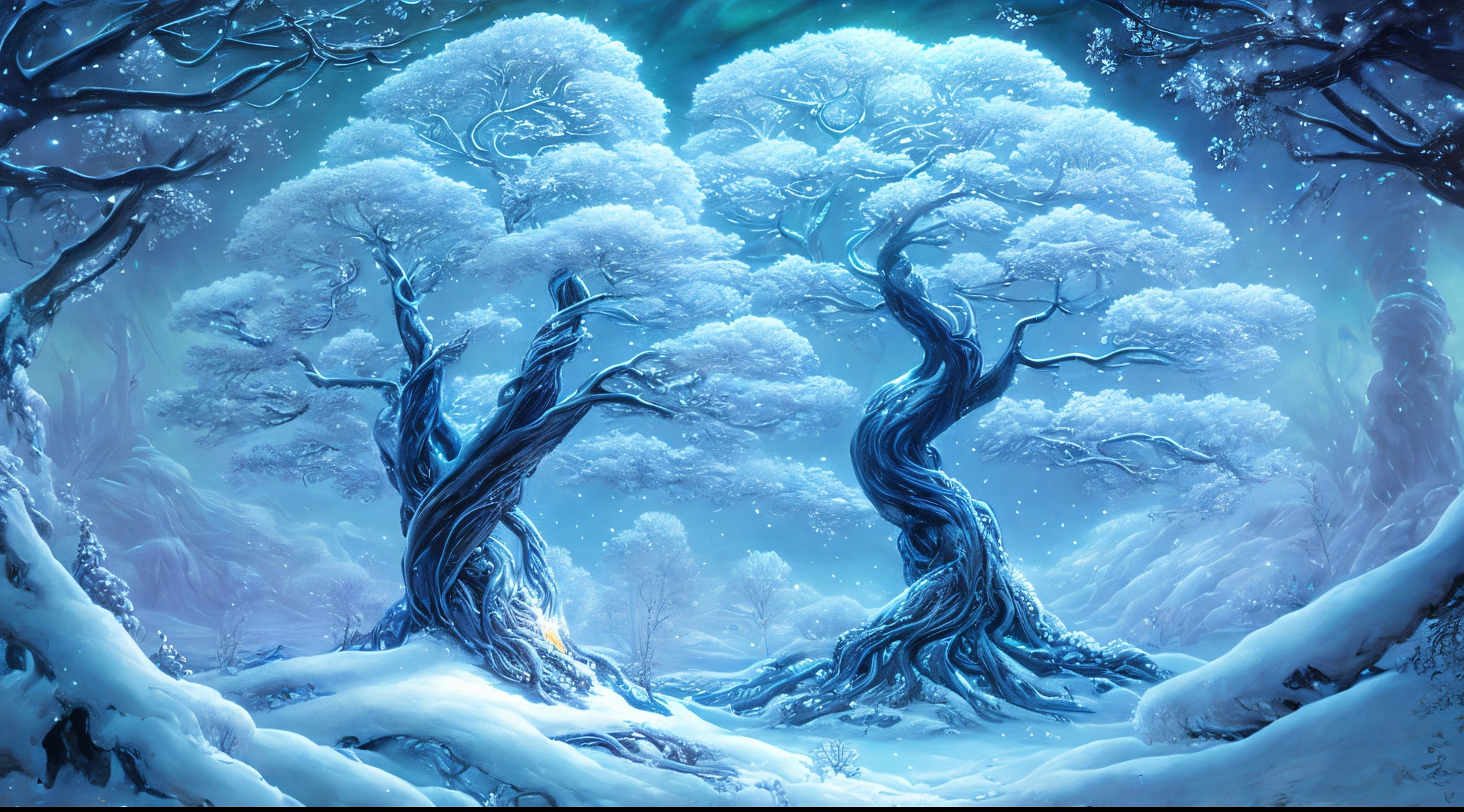 a close up of a tree with a lot of snow on it, fantasy tree, magical tree, cosmic tree of life, magic tree, winter scene fantasy, cosmic tree, background artwork, magic fantasy highly detailed, fantasy magical vegetation, large magical trees, enchanted magical fantasy forest, inspired by Roger Dean, winter concept art, tim white art. 64 megapixels