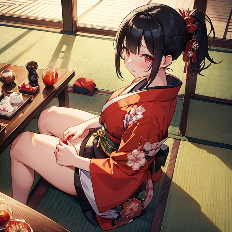 Kimono girl with black hair ponytail、Luxury、small tits、沒穿內褲、traditional Japanese room、pussy juice,masturbated、red blush、Teary-eyed