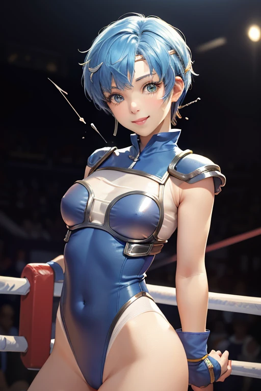masterpiece, best quality, shanna, short hair, headband, armor, white skirt, fingerless gloves, upper body, looking at viewer, smile, closed mouth, ((Tight leotard)), ((sexy pose)), ((Wrestling ring))
