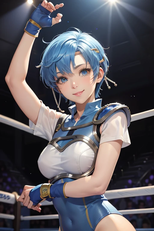 masterpiece, best quality, shanna, short hair, headband, armor, white skirt, fingerless gloves, upper body, looking at viewer, smile, closed mouth, ((Tight leotard)), ((sexy pose)), ((Wrestling ring))