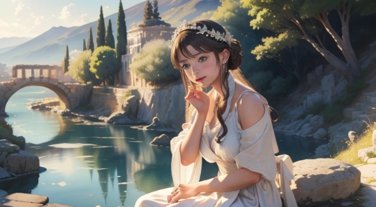 (top-quality、hight resolution、masterpiece)、((Watercolor in Sargent style))、(David Hamilton Style)、(softfocus)、ancient greek scene 、The world of Bilitis songs、(greek female bard)、22year old、美丽的面容、Well-formed eyes and nose、Bewitching smile、Detailed depiction of the face、Classic hairstyles、Beautiful figure、detail portrayal、(ancient greek clothes)、(White tunic)、greek toga、(1人の女性)、(A woman is sitting on a rock in the river)、(Accurate hand and finger depiction)、Cinematic scenes、ciinematic light、softlight、raytrace、luminous sky、greek architecture columns、greek pine、(nostalgia)、classic vibes、Blur the background、