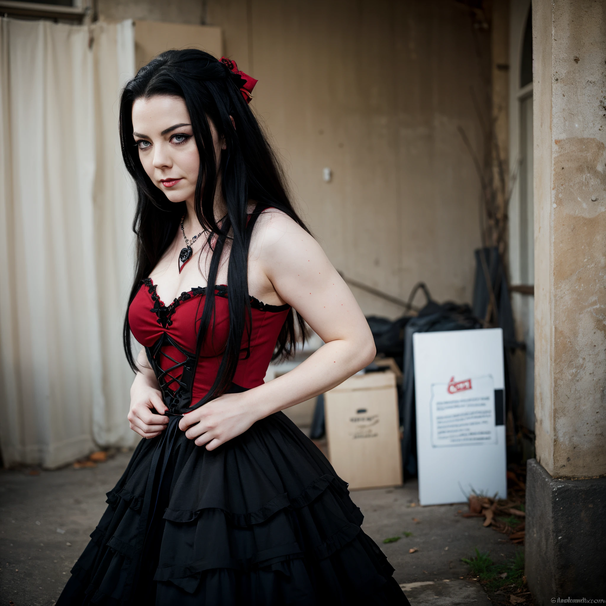 Amy Lee wearing a red/black Gothic Dress