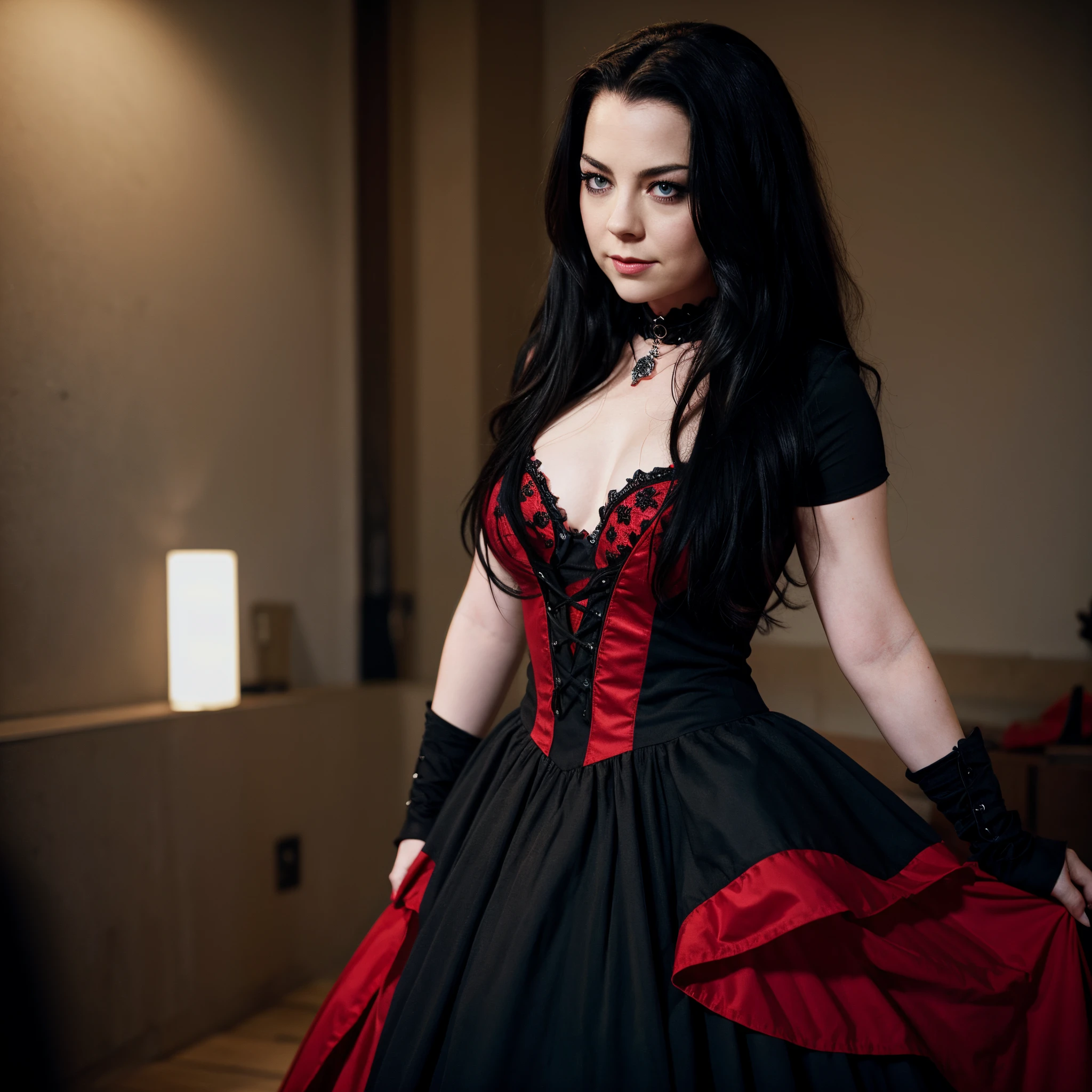 Amy Lee wearing a red/black Gothic Dress