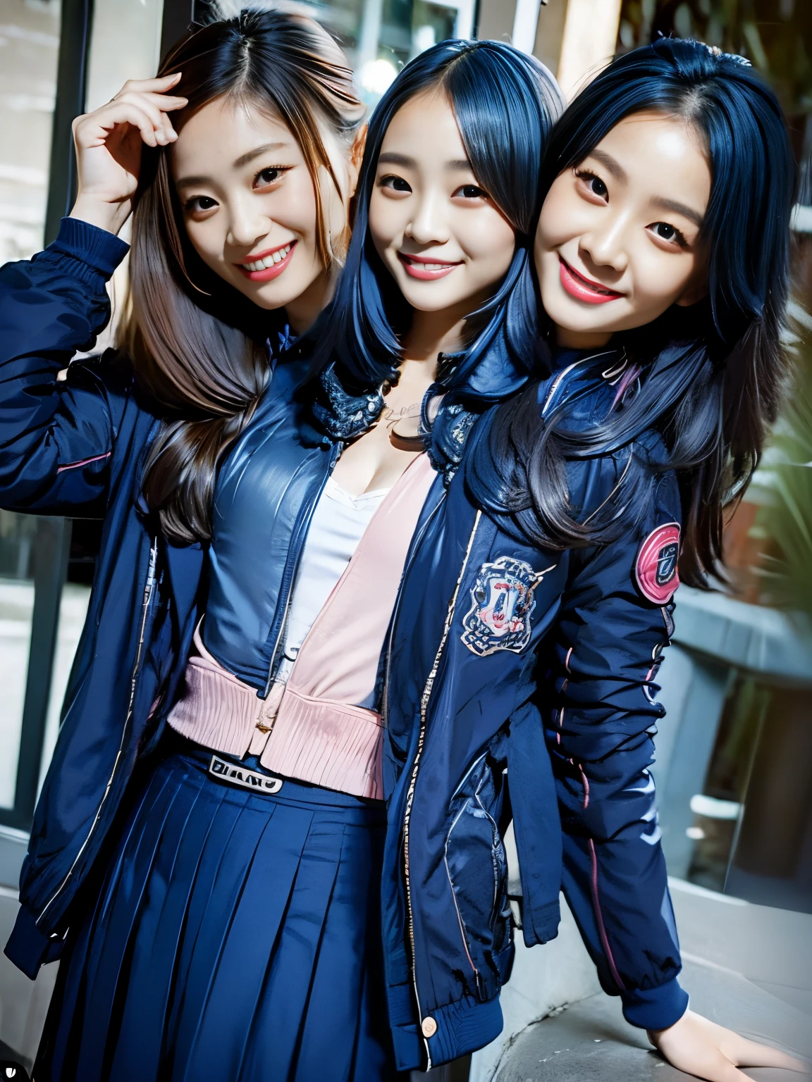(masterpiece, best quality), best resolution, (2heads:1.5), 1girl, asian girl, korean girl, chinese girl, perfect anatomy, blond hair, smiling, giggling, friendly, inviting, blue eyes, cube hair ornament, hair between eyes, hair ornament, , long hair, BREAK black skirt, jacket, long sleeves, pants, pants under skirt, (blue jacket:1.5), pink pants, pleated skirt, skirt, track jacket, track pants, track suit, BREAK looking at viewer