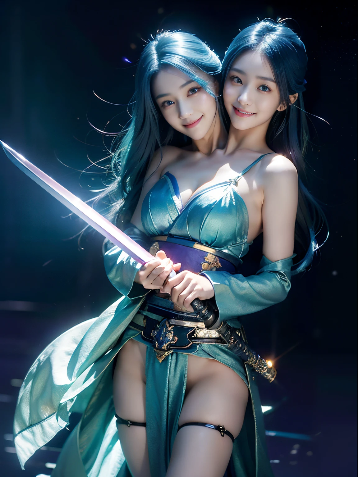 (masterpiece, best quality), best resolution, (2heads:1.5), 1girl, teal hair, purple eyes, extremely long hair, cute, calm, smiling, japanese armor, sword, ((holding sword)), blue flames, glowing weapon, light particles, wallpaper, chromatic aberration