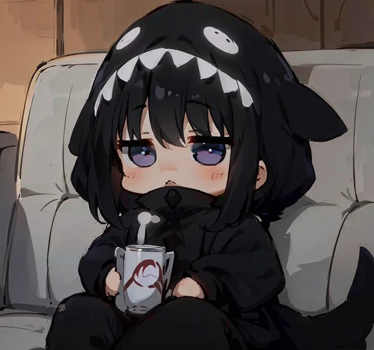 Anime girl sitting on a sofa with a cup of coffee, visual anime de uma menina bonito, anime girl drinks energy drink, em um anime, anime moe artstyle, como um personagem de anime, menina de cabelo preto vestindo capuz, ela tem um rosto expressivo bonito, the anime girl is crouching, 1 7 - year - old anime goth girl, com capuz