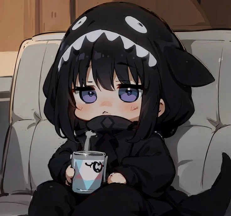 Anime girl sitting on a sofa with a cup of coffee, visual anime de uma menina bonito, anime girl drinks energy drink, em um anime, anime moe artstyle, como um personagem de anime, menina de cabelo preto vestindo capuz, ela tem um rosto expressivo bonito, the anime girl is crouching, 1 7 - - old me goth girl, com capuz