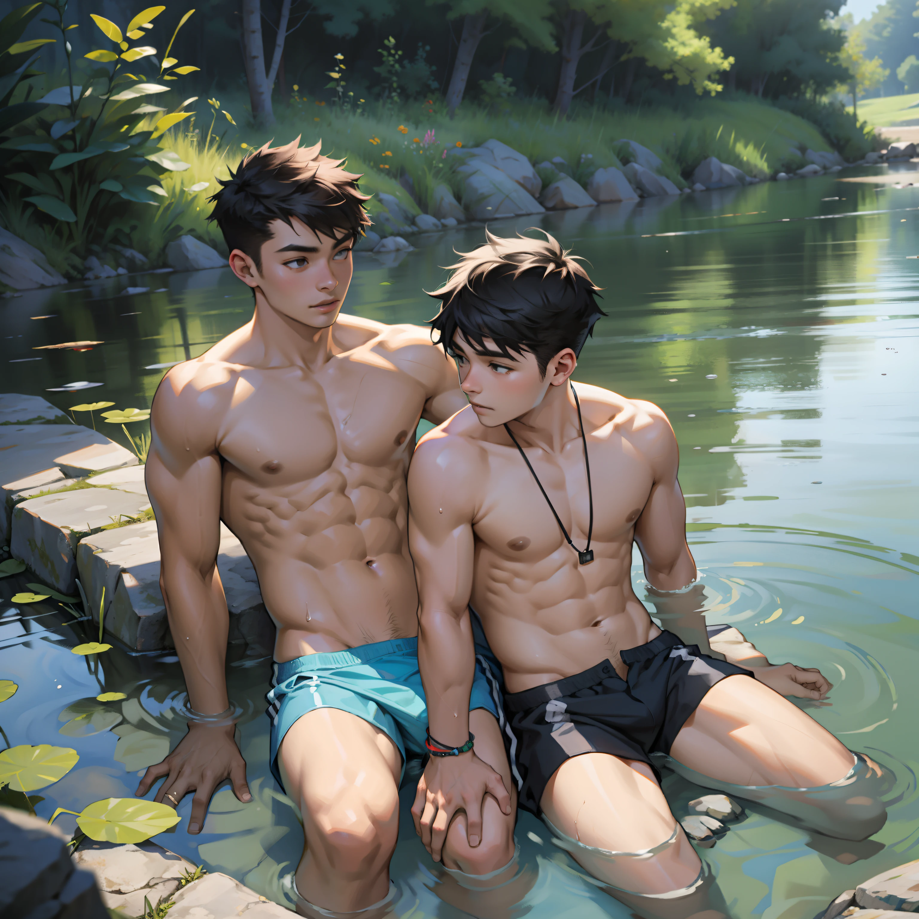 Two boys,lake water,Raised sexy