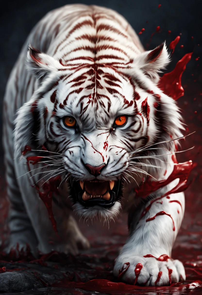 (best quality,4k,8k,highres,masterpiece:1.2),ultra-detailed,(realistic,photorealistic,photo-realistic:1.37),portrait,white tiger,covered in blood,battle scene,ferocious eyes,powerful body,splatters of blood,ragged wounds,fierce expression,thunderous atmosphere,dark lighting,blood-soaked ground,tiger's sharp teeth,claws tearing through the air,intense confrontation,vivid colors,contrast of white fur and red blood,wounded enemies lying on the ground,determination in the tiger's eyes,heroic stance,explosive energy,carnage and chaos,deadly fangs,agility and strength,glistening wet fur