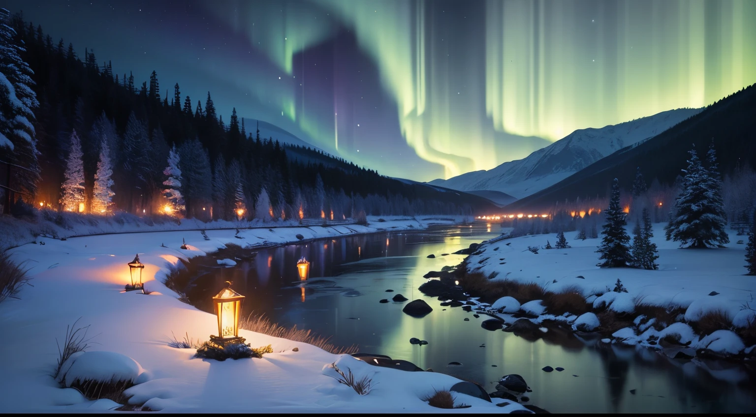 best quality, very high detail, masterpiece, flowing river, aurora in the sky, pine forest, cold air, crescent moon, mystical, computer wallpaper