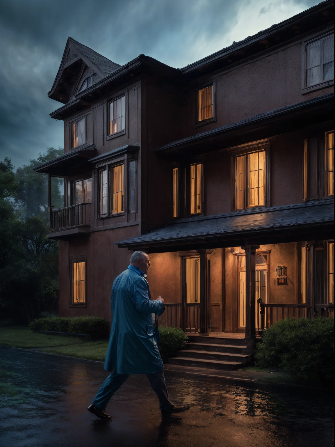 (8k, RAW photos, highest quality, masterpiece: 1.7), (Realistic, Photorealistic: 1.25), cinematic image of a 50-year-old man, rain running down his face, approaching a haunted house.