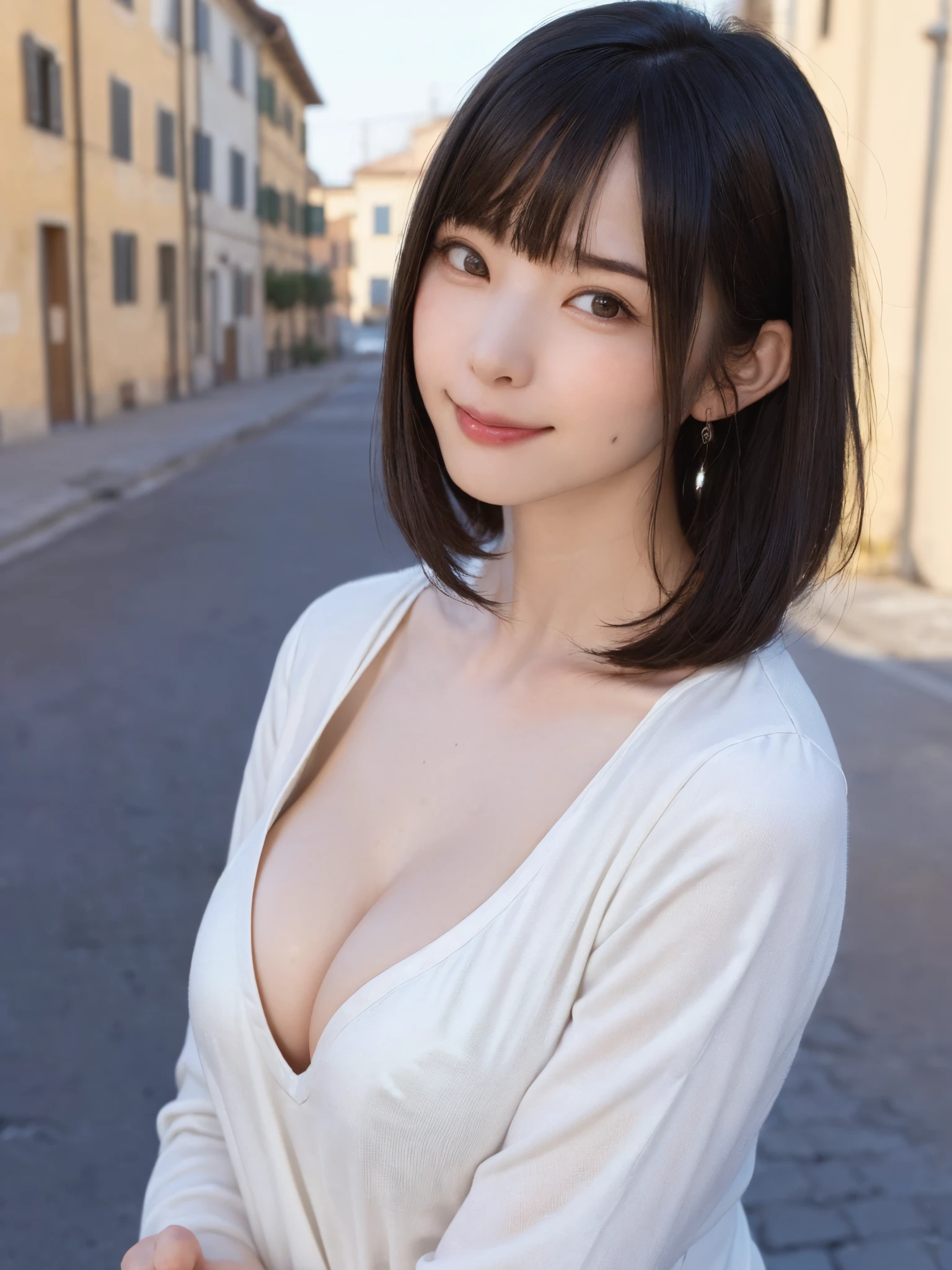 (masutepiece, top-quality、The ultra -The high-definition、Very attractive adult beauty、Add intense highlights to the eyes、Look firmly at the camera:1.4、Absolutely beautiful bangs:1.4、Brunette's short bob hair with bangs:1.4),1girl in, 独奏, A dark-haired, scarf, Hats,, realisitic, looking at the viewers, black eyes of light color, shorth hair, coat, Winter clothes, White headscarf, s lips, lipgloss,bangss, The upper part of the body、big eye、Lashes)、((Road system in Italy、Hyperreal Stick:1.4))、((Shorthair with bangs:1.4、Beautiful bangs with 46 points:1.4、{Gigantic|Big|Huge|Mega} breasts, cleavage、big eye、Put very strong highlights in your students、very Bigger breasts、gazing at viewer、Very beautiful beauty、Put your ears out、long neck、little smiling、Beautiful teeth、Open your mouth and smile))、28 year old、Very cute supermodel