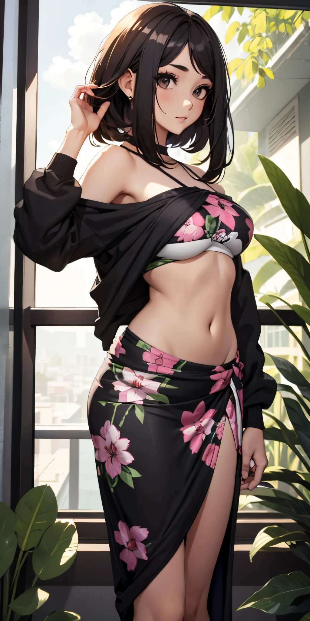 masterpiece, best quality, extremely detailed, hyperrealistic:1.1, photorealistic, a beautiful 20s russian model, ultra detailed face:1.1, sunglasses on head:1.1, pink floral pattern camisole, dark green shirt around waist:1.1, black hair, sea, in the night:1.1, sly smile, extra arms:1.2, 10 arms:1.2, raising arms