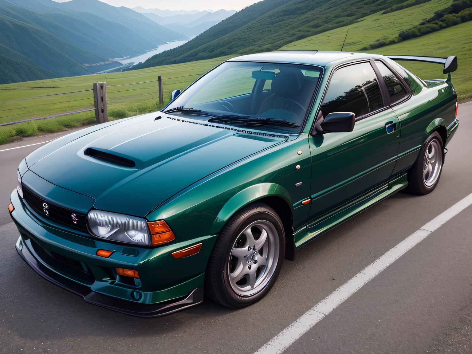 超A high resolution、An ultra-high picture quality、8K、Detailed details、marvelous expression、summer volleyball、beautiful fresh green、A pitch black sports car runs on a mountain road built along the mountain.......、Nissan Bluebird SSS Coupe 2000GTS-R