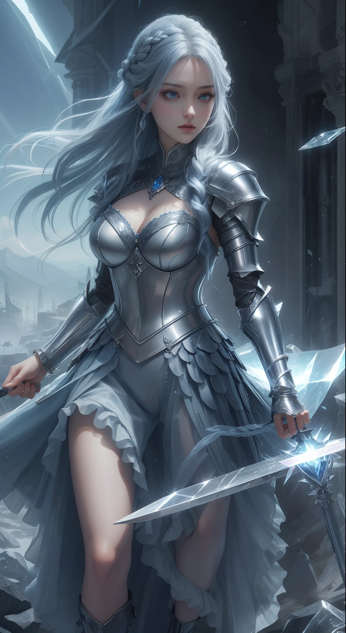 tmasterpiece,Highest image quality,,Beautiful female knight full body portrait,Exquisite blue braid hairstyle,Clear eyes,The sword,armour,high heels boots,crystal,Ultra-detailed details,advanced。At the Pixiv Art Station,Break your own power,Luigi,Big breasts exposing cleavage,R-18G