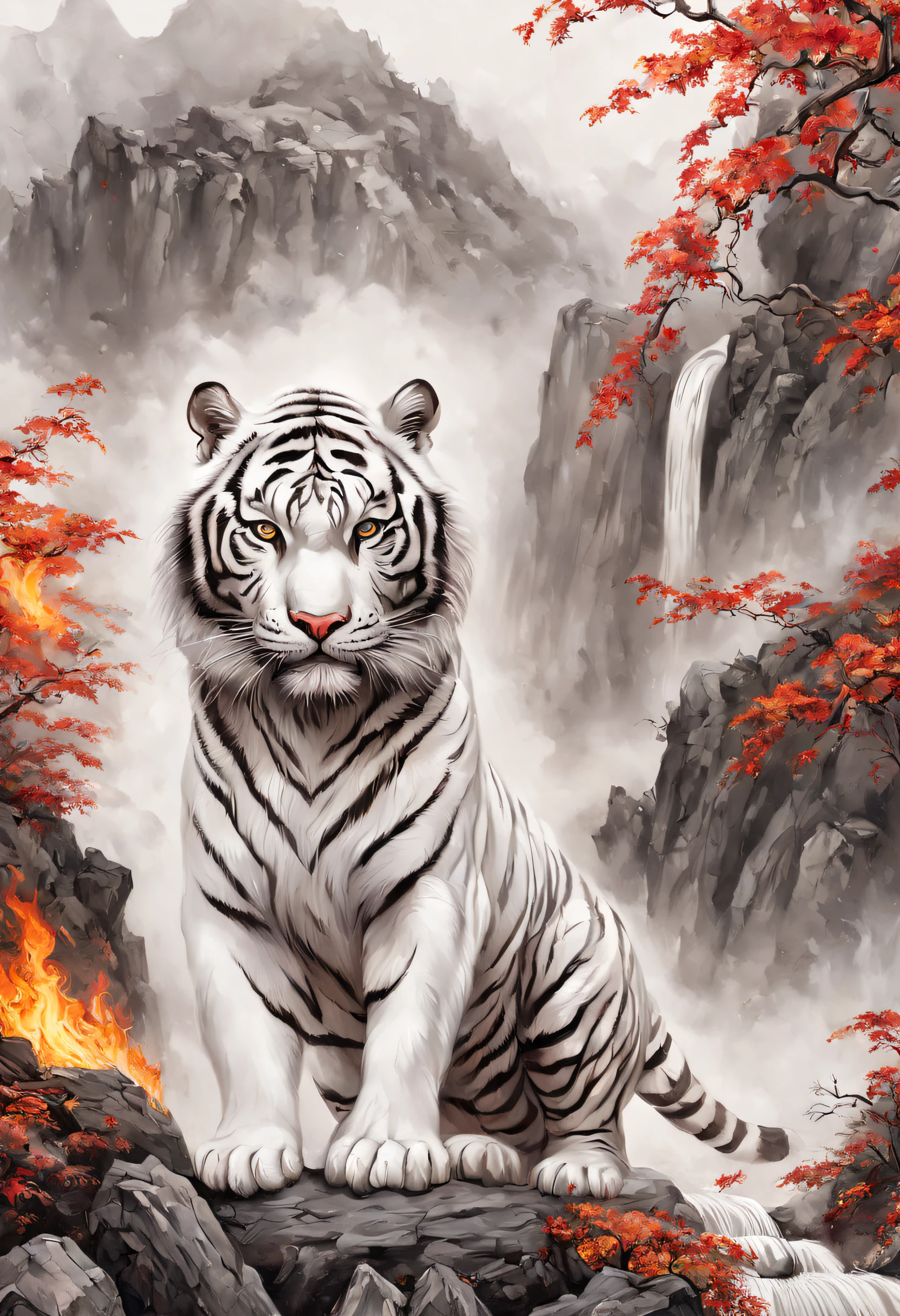 Colorful white tiger，ln the forest，surrounded by flames，[(white backgrounid:1.5)::5]，The middle view is，Full body lesbian，Chinese，blossoms，stone fragment，Beautiful and delicate Chinese white tiger，（Fine strokes：1.1）, Dynamic depiction, Vivid and real, mesmerizing charm, rich pictures, 8K, Ink painting and watercolor, artistic décor, expected insert, wide angles, super detailing, Best quality, A high resolution
