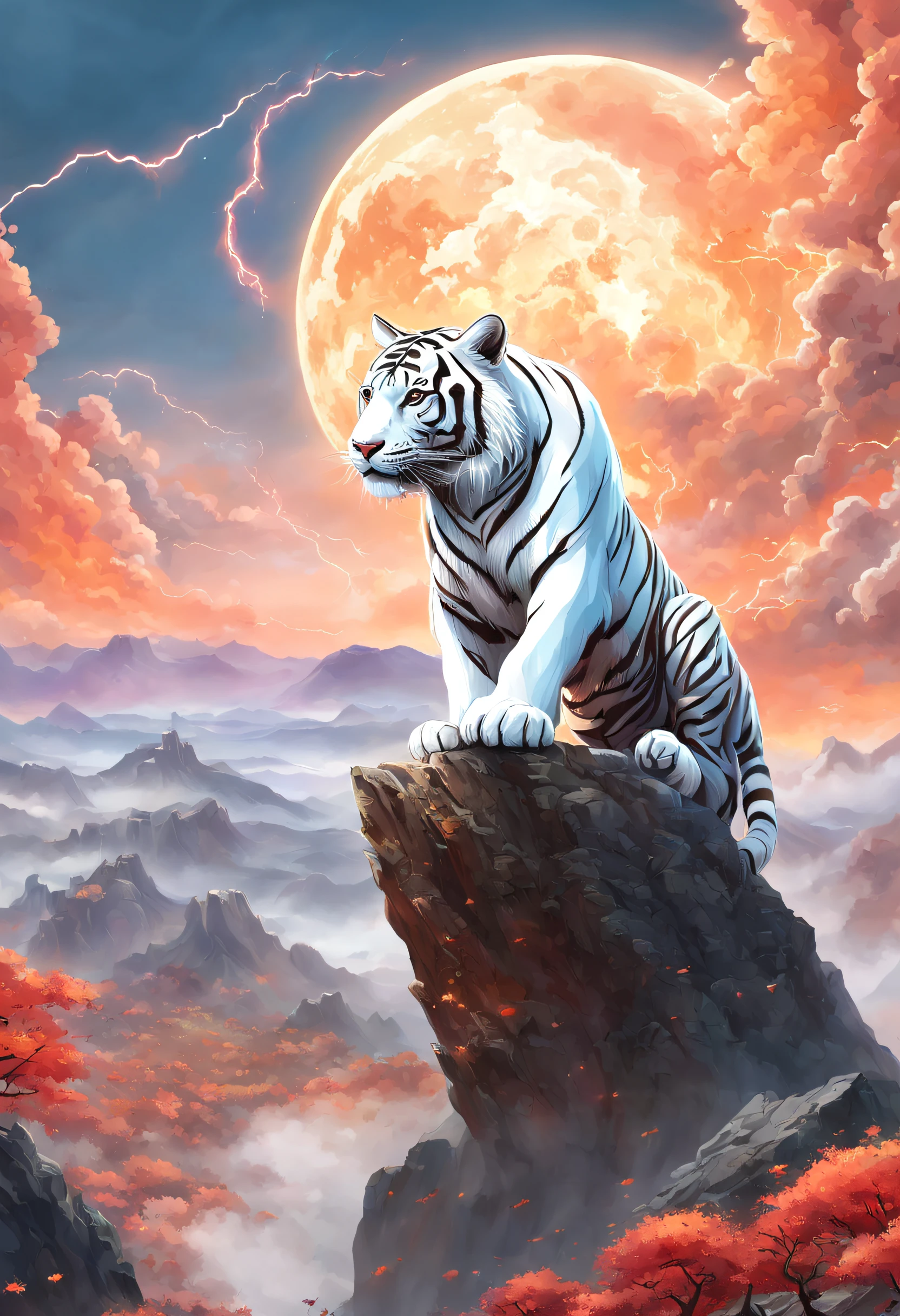 (One sticker)，(One sticker)，(Best quality,tmasterpiece, iintricate,hyper-detailing,8k ultra high definition,超高分辨率，Extremely detailed CG unified wallpaper) ,Great Wilderness East Meridian，the white tiger，White tiger in volcanic lava，Surrounded by lightning，Stand on volcanic lava，The mountain is very steep，strange rocks，safe，magma，dreamland wonderland、dream-like，Riding，Traditional Chinese elements，Illustrative myths，Fuyao Legend，Dappled light，Hazy haze，Mystic aura，tmasterpiece，k hd，many color，Detailed details，Seven colors