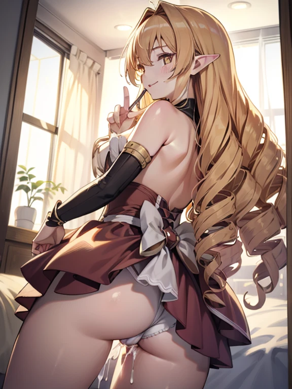 masterpiece, best quality, ultra-detailed, illustration, kawaii, detailed light, happy, smile, blush, Highlights hair, beautiful detailed body, detailed sparkling eyes, 1girl, looking back, showing skin, buttocks, bare thighs, perfect limbs, underwear, on bed, full view of buttocks, showing buttocks, in heat,, legs open, show , Pose of Doggystyle for photographing yourself from behind in the mirror with your smartphone, show vaginal rupture, show  , cum mouth