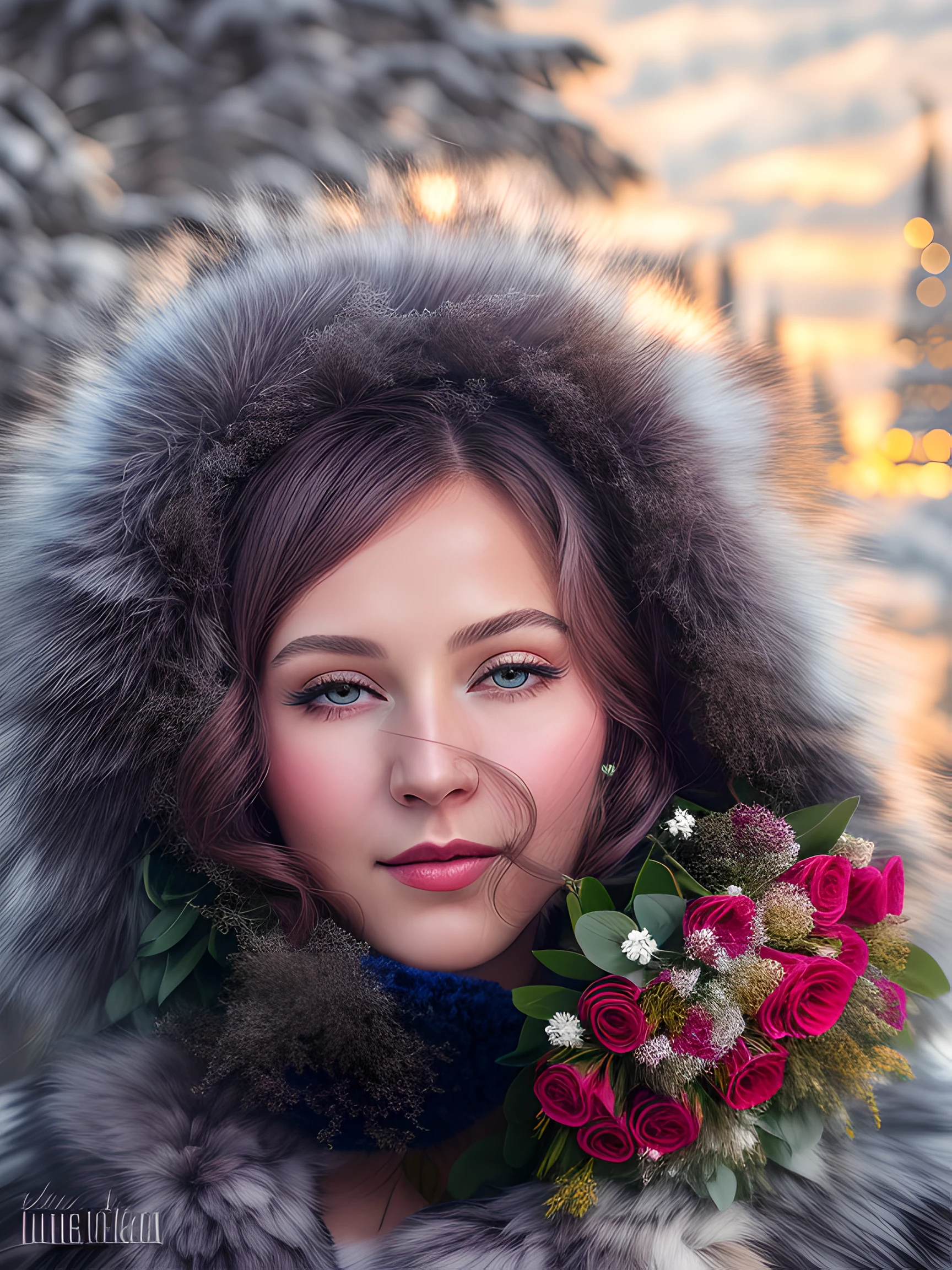 woman in a fur coat stands with a bouquet of flowers in her hands, based on materials from Alexander Deineka, based on Vlady Kibalchich Rusakov, inspired by Andrei Ryabushkin, with frozen flowers around her, Watermarked, inspired by Nadia Rusheva, digital art image, based on Ivan Kramskoy