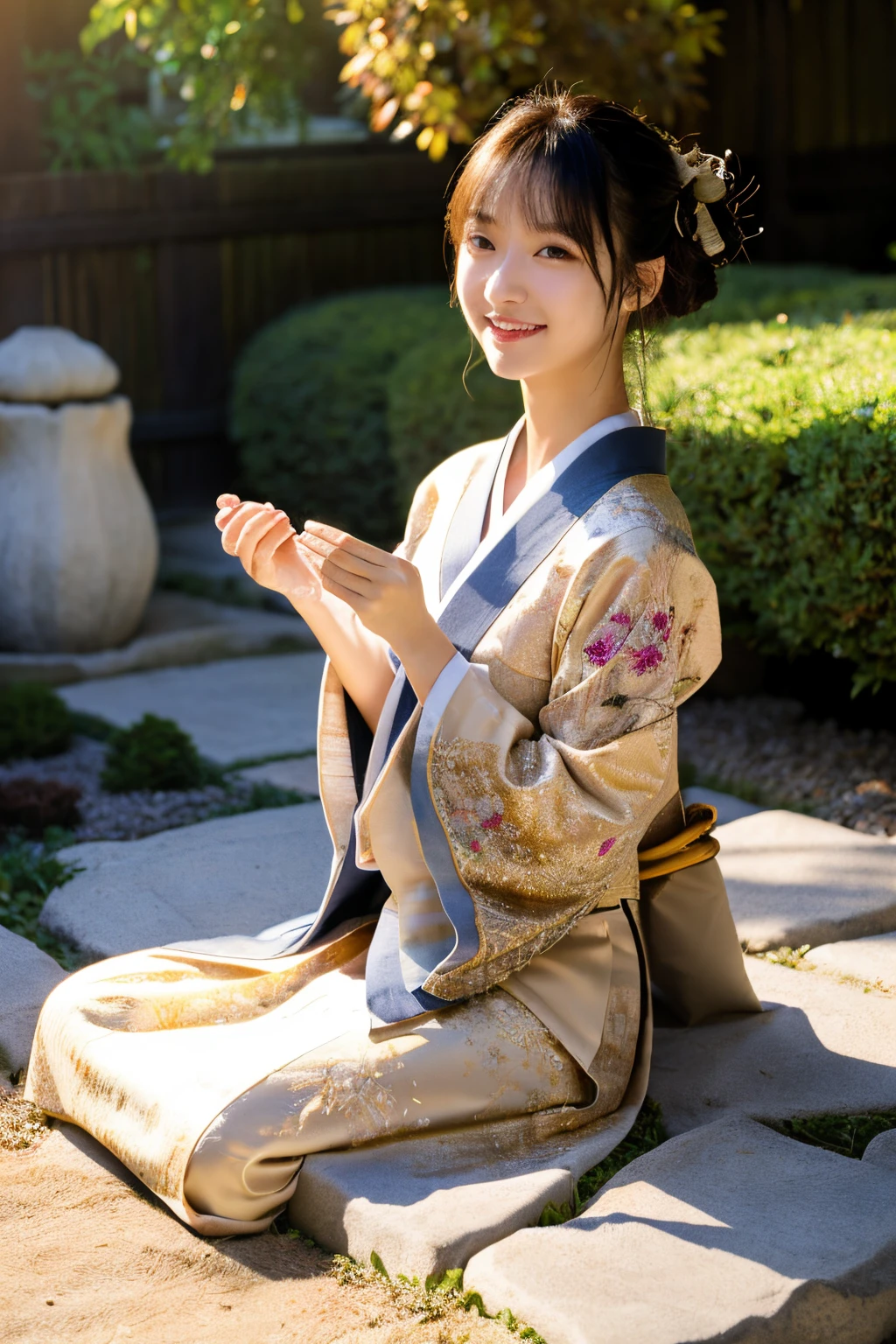 (Realistic:1.3), Rembrandt lighting, (masutepiece:1.2), (Photorealistic:1.2), (Best Quality), (Detailed skin:1.3), (Intricate details), Ray tracing,1girl in, japanaese girl, 21 years old, Detailed skin texture, (blush:0.5), Subsurface scattering, Smiling, updo hair, Bangs, hair between eye, Hair ornaments, Kimono, with floral pattern, wearing edgJF_Kimono, Seiza (bright sunny day, Autumn setting, Autumn trees々and leaves, (a Zen garden:1.2)