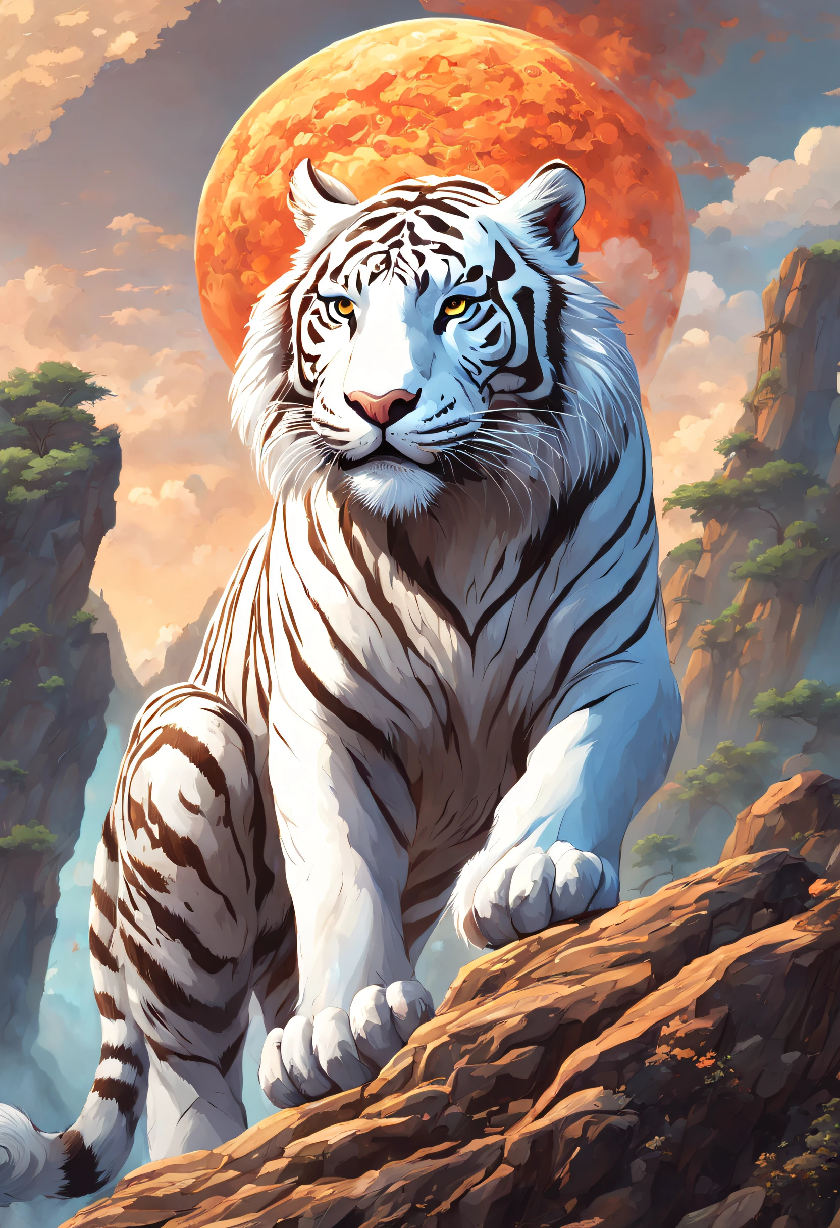 (One sticker)，(One sticker)，(Best quality,tmasterpiece, iintricate,hyper-detailing,8k ultra high definition,超高分辨率，Extremely detailed CG unified wallpaper) ,Great Wilderness East Meridian，the white tiger，White tiger in volcanic lava，Surrounded by lightning，Stand on volcanic lava，The mountain is very steep，strange rocks，safe，magma，dreamland wonderland、dream-like，Riding，Traditional Chinese elements，Illustrative myths，Fuyao Legend，Dappled light，Hazy haze，Mystic aura，tmasterpiece，k hd，many color，Detailed details，Seven colors