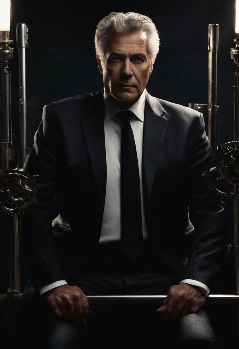 The image is of a dark and eerie room, with a single spotlight shining on a contraption made of sharp, metallic blades and gears, creating a menacing silhouette.,Saw series,Kramer is an older man with a gaunt, pallid complexion, accentuated by his battle with cancer. His thinning, grey hair and deeply lined face reflect his age and the toll of his illness. He often dresses plainly, in simple, unassuming clothes that contrast sharply with the elaborate nature of his traps. Even as his health declines, there’s a resilience in his eyes, a testament to his unwavering commitment to his twisted mission., male