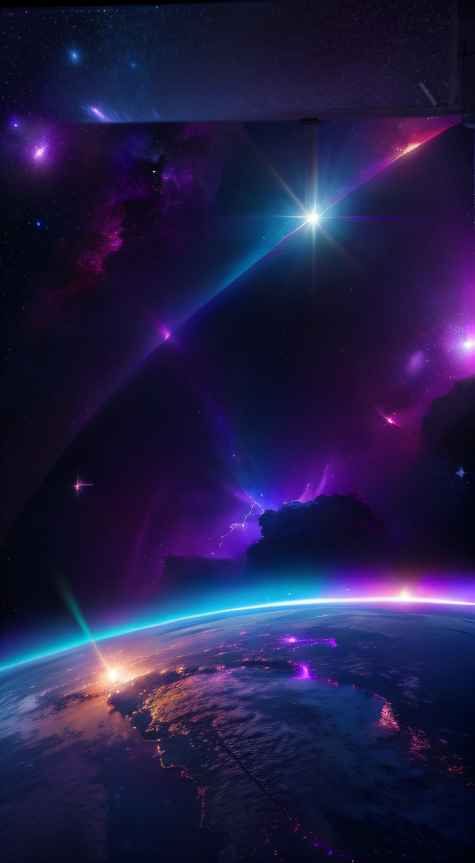 (bright light in purple color) with nebula background, view from a planet, (hyper realistic), (masterpiece), interstellar, galaxy, 8k, stunning screensaver, live wallpaper