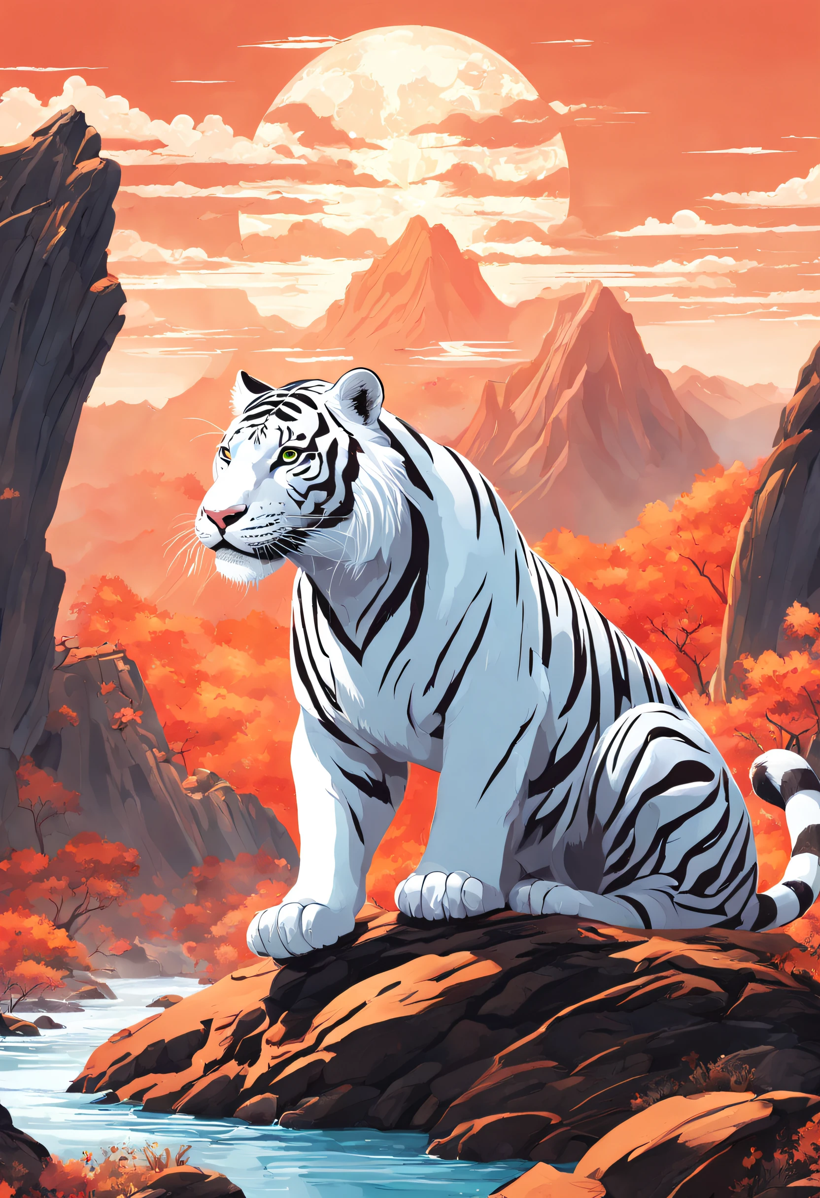 (One sticker)，(One sticker)，(Best quality,tmasterpiece, iintricate,hyper-detailing,8k ultra high definition,超高分辨率，Extremely detailed CG unified wallpaper) ,Great Wilderness East Meridian，the white tiger，White tiger in volcanic lava，Surrounded by lightning，Stand on volcanic lava，The mountain is very steep，strange rocks，safe，magma，dreamland wonderland、dream-like，Riding，Traditional Chinese elements，Illustrative myths，Fuyao Legend，Dappled light，Hazy haze，Mystic aura，tmasterpiece，k hd，many color，Detailed details，Seven colors