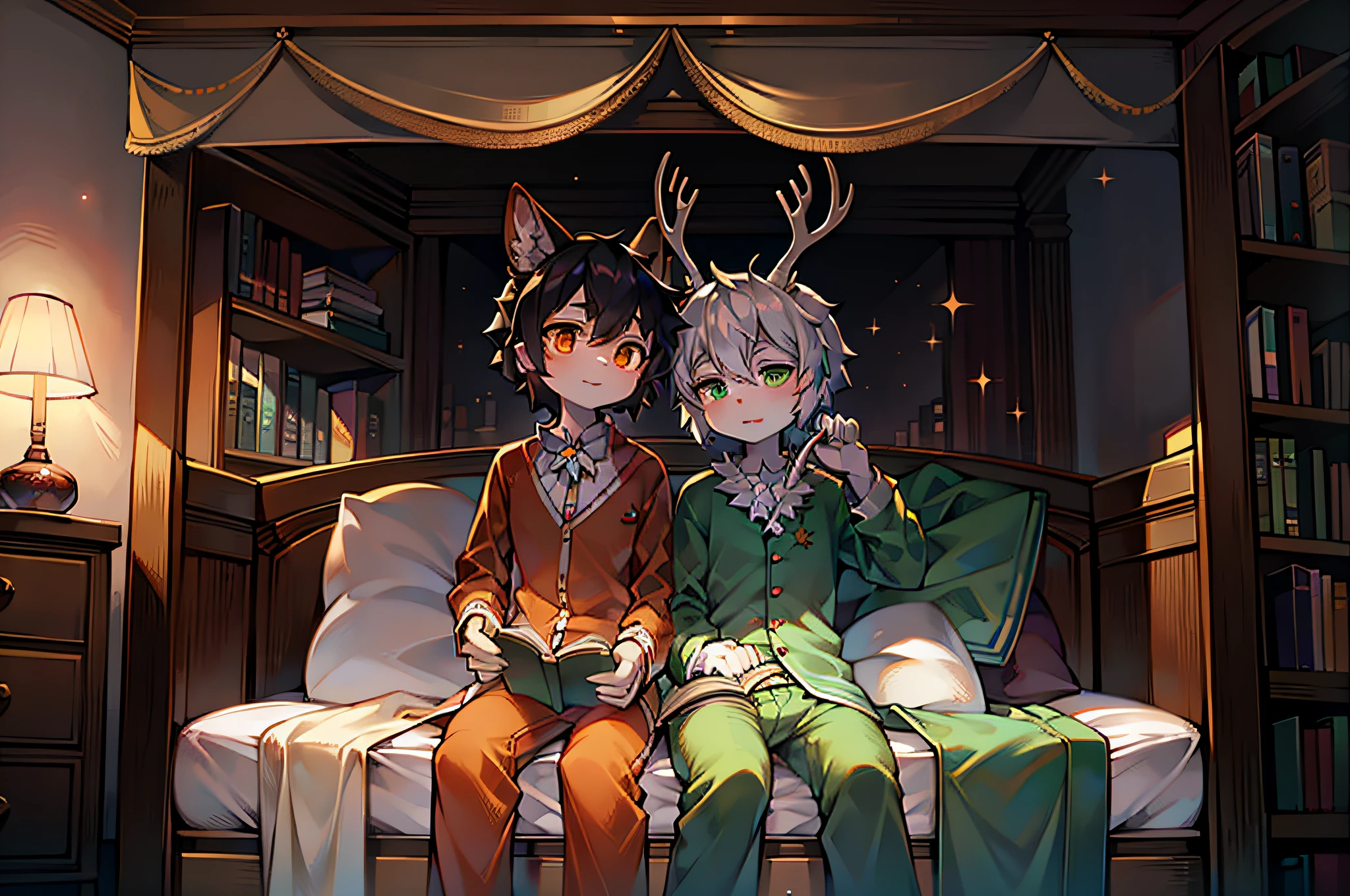 White-haired white deer wearing light green pajamas，Black furry wolf wearing orange pajamas，lovely boy，shota，Cover with a quilt，on bedroom，book case，There were two people lying on the bed,deer antlers，natta，starrysky，Close her eyes，ornate decoration，Lie together，handshake