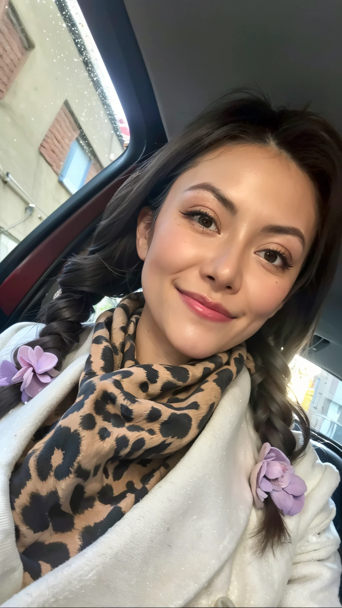 there is a woman sitting in a car with a scarf on, profile image, 30 years old woman, 3 0 years old woman, headshot profile picture, with professional makeup, beautiful and smiling, beuatiful face, beautiful look, taken in the early 2020s, beautiful mexican woman, in professional makeup, sexy face with full makeup