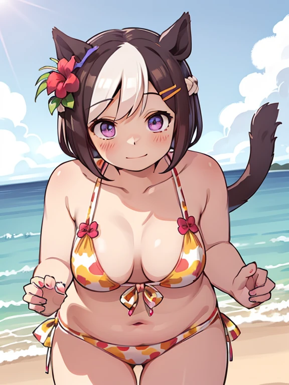 fat special week \(umamusume\), anime girl in bikini with cat ears and a flower in her hair, obese, , at a tropical beach, extremely detailed artgerm, kawacy, detailed digital anime art, [ 4 k digital art ]!!, seductive anime girl, realistic bikini, in the beach, digital anime illustration, beautiful anime girl, anime style 4k, overwatch tracer in a bikini, (masterpiece, Highest Quality), cute