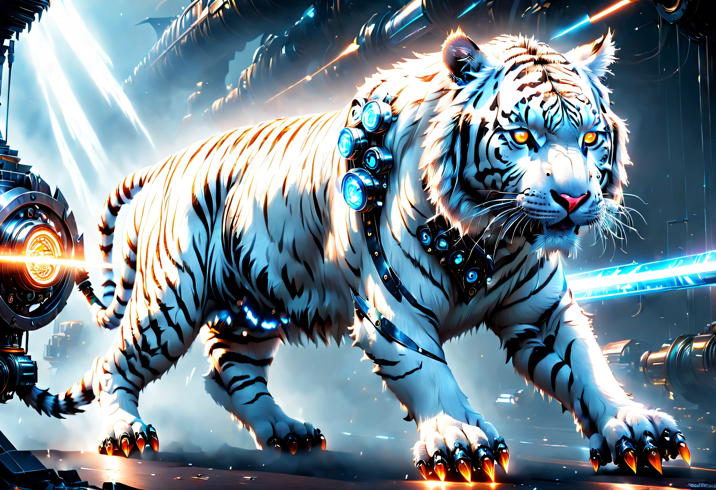 (Best quality at best, 8K, A high resolution, tmasterpiece), (ultra - detailed), (Mechanized white tiger made of vibranium: 1.6), dreamy glow,glowing incandescent lamp,Cyberpunk high-tech mechanical components,(Metal paws: 1.8),Metal head and mouth,Metal fur,pretty cool,Metal legs,Bionic eye,Detailed white skin design,suspended in mid-air, Electric white and bright orange, Vivid glowing eyes, Reflective metal surface,Interlocking mechanical gears,Dynamic and stylish design,motion blur effect,Meticulous craftsmanship,sci-fi vibes,Streamlined aerodynamic shape,Laser scanning pattern,holographic projections,Light-emitting circuit lines,unforgettable beauty,otherworldly precision,Advanced sensors,complex algorithm,Ominous and mysterious atmosphere,electric sparks,Shiny chrome plating,Propulsion systems of the future,Alone,中景 the scene is,concept-art, fantasy themed,Volumetriclighting, globalillumination, reflector, hyper HD,The light is bright,RGB color,vibrant with colors,cyber punk style, (Full body shot,from end to end: 1.8)