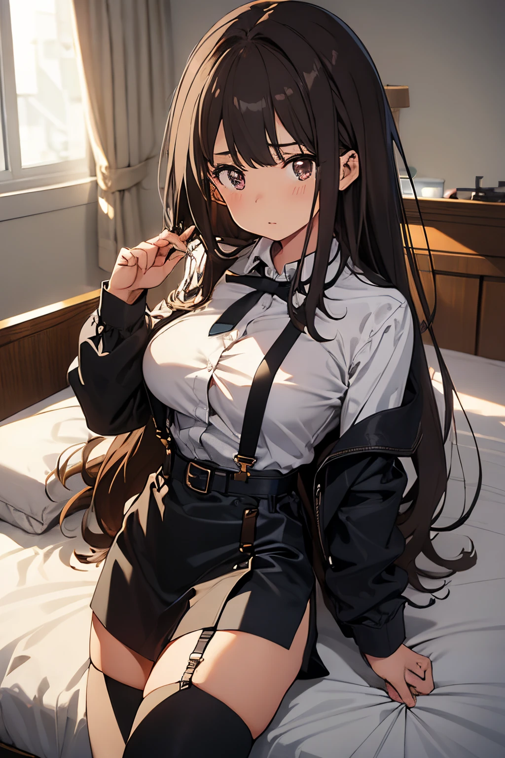 flat-colors、depth of fields、lens flare 1 girl、、Brown hair、watching at viewers　　　black suspenders　　　Bulging big breasts　　 　 　　　walls: 　Black miniskirt　garters　　　　　　Gaze　　　Small face　bangss 　　　　　a belt 　Beautuful Women　hands up　Lying in bed　 　　sideways eyes