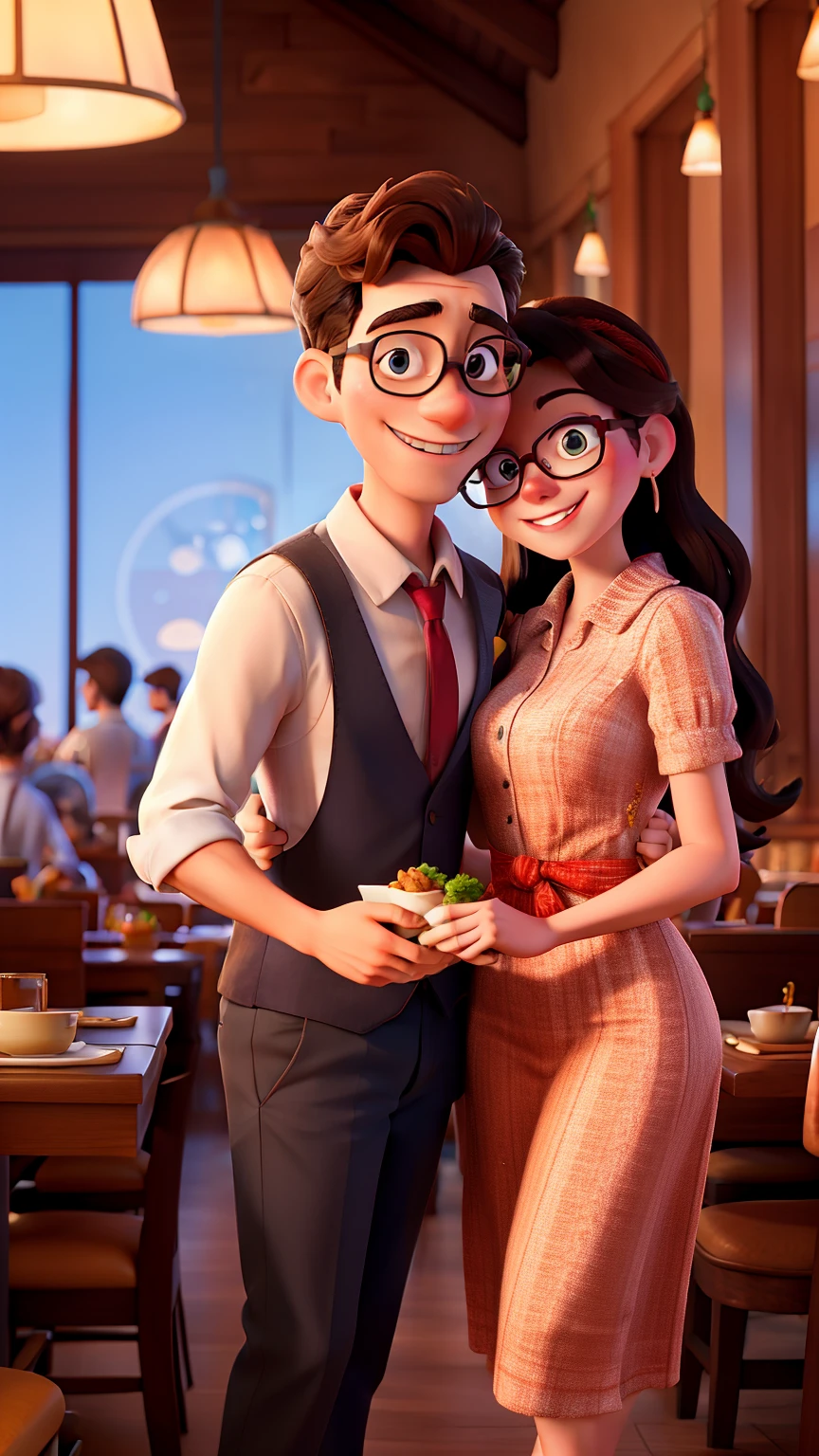 Disney Style Couple With Glasses Smiling In Restaurant.