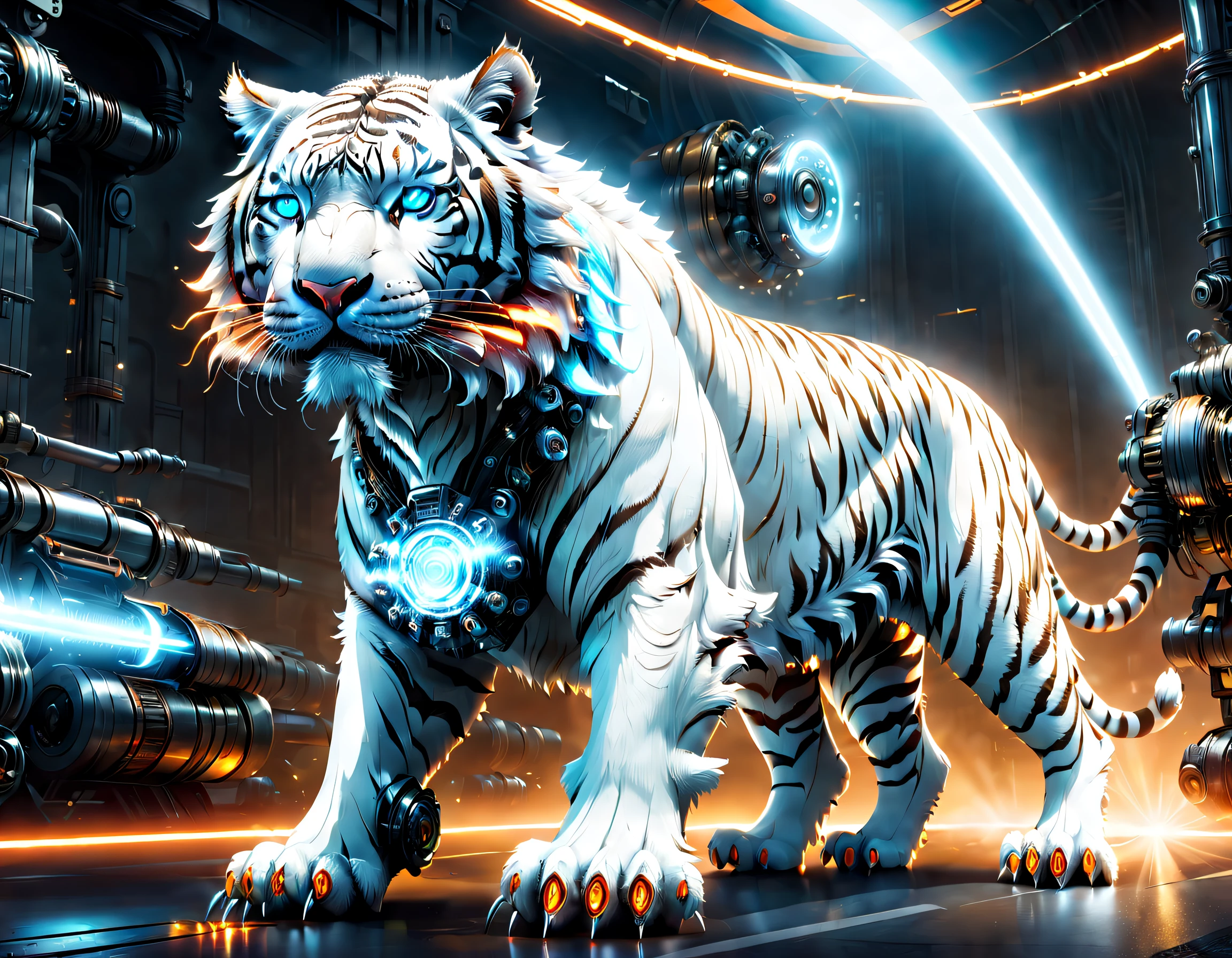 (Best quality at best, 8K, A high resolution, tmasterpiece:1.2), (ultra - detailed), (mechanization white tiger: 1.5), Full body photo, dreamy glow，glowing incandescent lamp，Cyberpunk high-tech mechanical components，((Metal paws: 1.5))，Metal head and mouth，Metal fur，pretty cool，Metal legs，Bionic eye，Detailed white skin design，suspended in mid-air, Electric white and bright orange, Vivid glowing eyes, Reflective metal surface，Interlocking mechanical gears，Dynamic and stylish design，motion blur effect，Meticulous craftsmanship，sci-fi vibes，Streamlined aerodynamic shape，Laser scanning pattern，holographic projections，Light-emitting circuit lines，unforgettable beauty，otherworldly precision，Advanced sensors，complex algorithm，Ominous and mysterious atmosphere，electric sparks，Shiny chrome plating，Propulsion systems of the future，Alone，中景 the scene is，concept-art, fantasy themed，Volumetriclighting, globalillumination, reflector, hyper HD，The light is bright，RGB color，vibrant with colors，cyber punk style, ((Full body shot，head to toe))