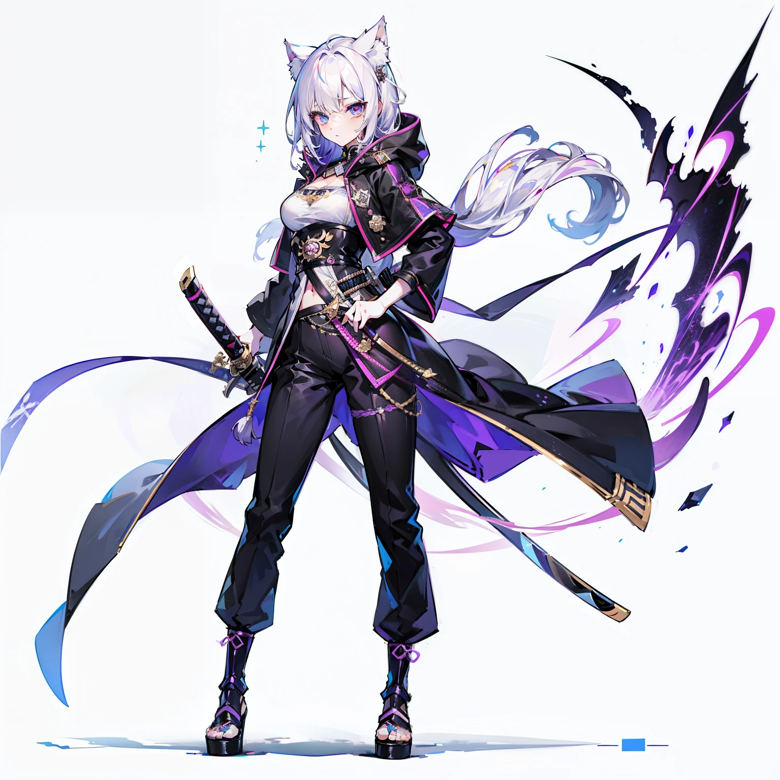 1 busty girl,独奏,( pictures),(((white color hair))),(flatchest),Delicate face and beautiful eyes,Delicate hair,A particularly long strand of side hair),(Cat Ear Hood),One eye is covered by a hood,围巾,(White background 1::5),standing painting style,((Full body lesbian)),(A detailed eye),Leg straps,Purple and black cyberpunk jacket,long trousers,katana swords,Lightning background